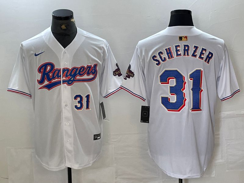 Men Texas Rangers 31 Scherzer White Champion Game Nike 2024 MLB Jersey style 3